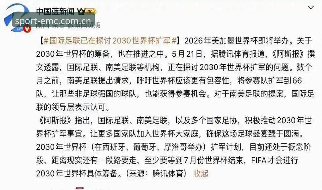 EMC体育官网登录 2030世界杯扩军至66队最新进展:中国男足迎来历史性机遇